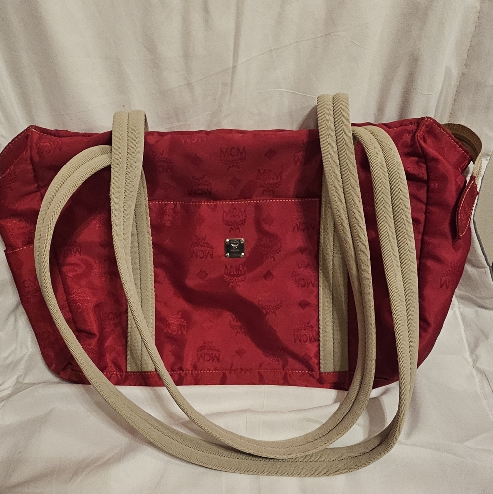 RARE MCM Red Visetos Nylon Tote Purse Bag With COA